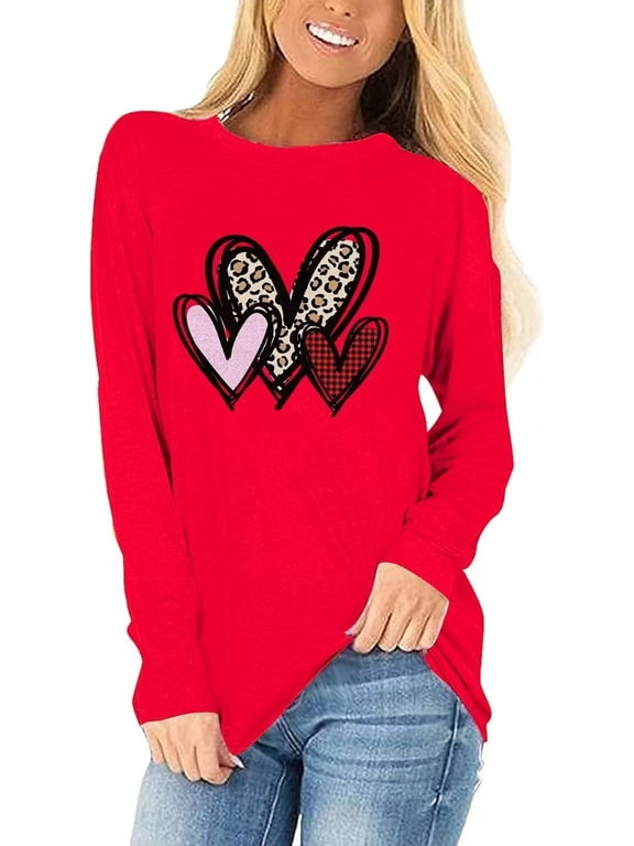 Womens Casual Love Heart Shirts Long Sleeve Valentine's Day Tees Raglans Sleeve Graphic Tees Tops