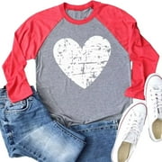 Beopjesk Womens Casual Love Heart Shirts Long Sleeve Valentines Day Tees Raglans Sleeve Graphic Tees Tops