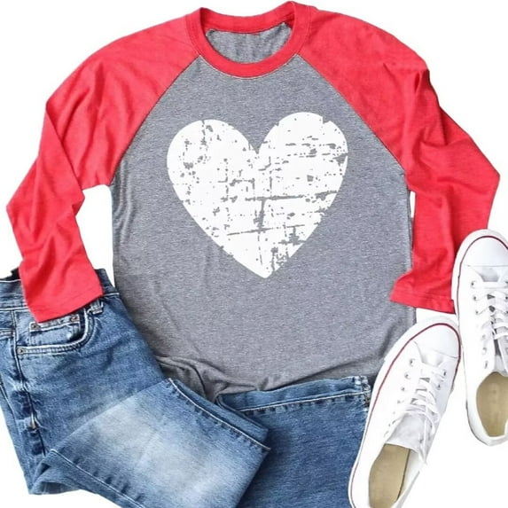 Beopjesk Womens Casual Love Heart Shirts Long Sleeve Valentine's Day Tees Raglans Sleeve Graphic Tees Tops
