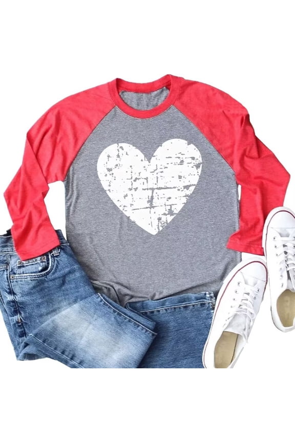 Womens Casual Love Heart Shirts Long Sleeve Valentine's Day Tees Raglans Sleeve Graphic Tees Tops