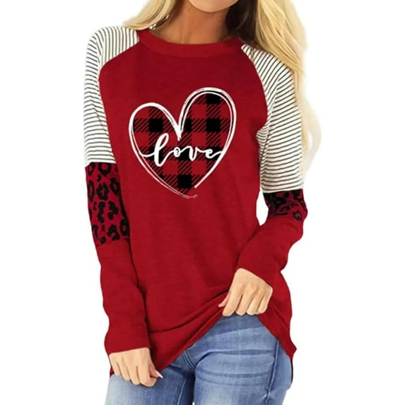 Beopjesk Womens Casual Love Heart Shirts Long Sleeve Valentine's Day Tees Raglans Sleeve Graphic Tees Tops