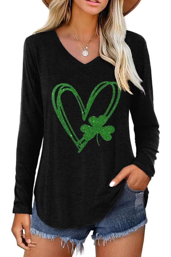 Womens Long Sleeve V Neck T-Shirts St Patrick's Day Graphic Tees Tops