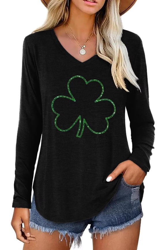 Womens Long Sleeve V Neck T-Shirts St Patrick's Day Graphic Tees Tops