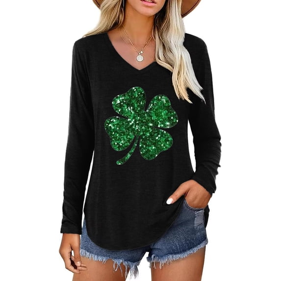 Beopjesk Womens Long Sleeve V Neck T-Shirts St Patrick's Day Graphic Tees Tops