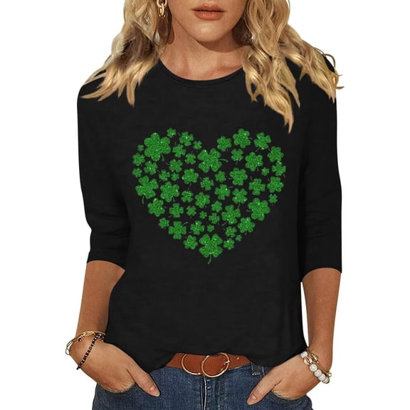 Beopjesk Womens Love Heart Shirts 3/4 Sleeve Valentine's Day St Patrick's Day Graphic Tees