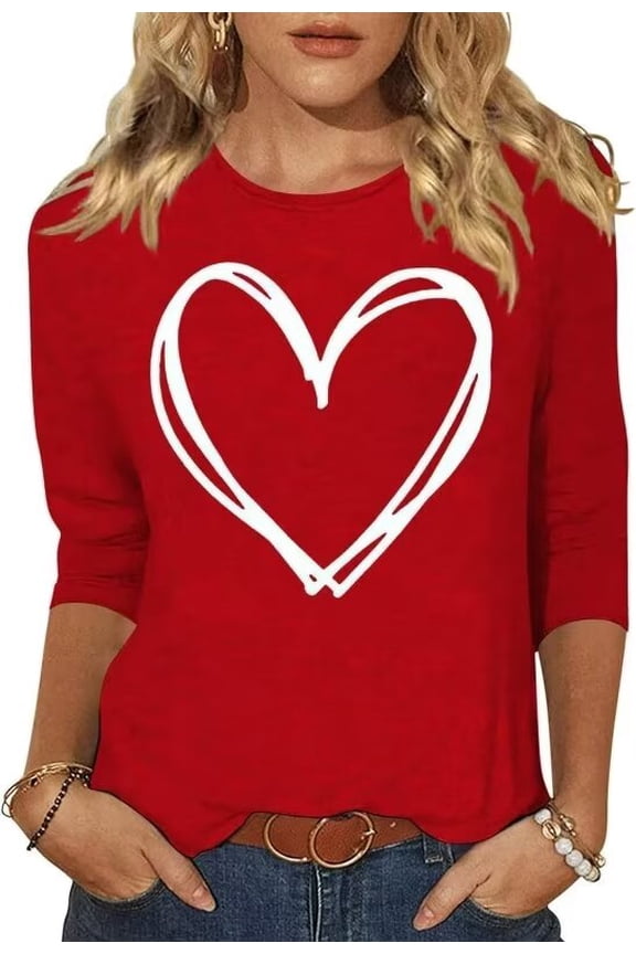 Womens Love Heart Shirts 3/4 Sleeve Valentine's Day St Patrick's Day Graphic Tees