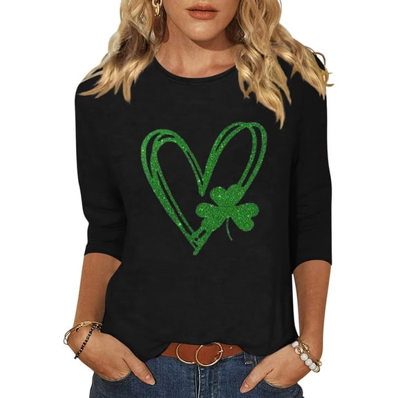 Beopjesk Womens Love Heart Shirts 3/4 Sleeve Valentine's Day St Patrick's Day Graphic Tees