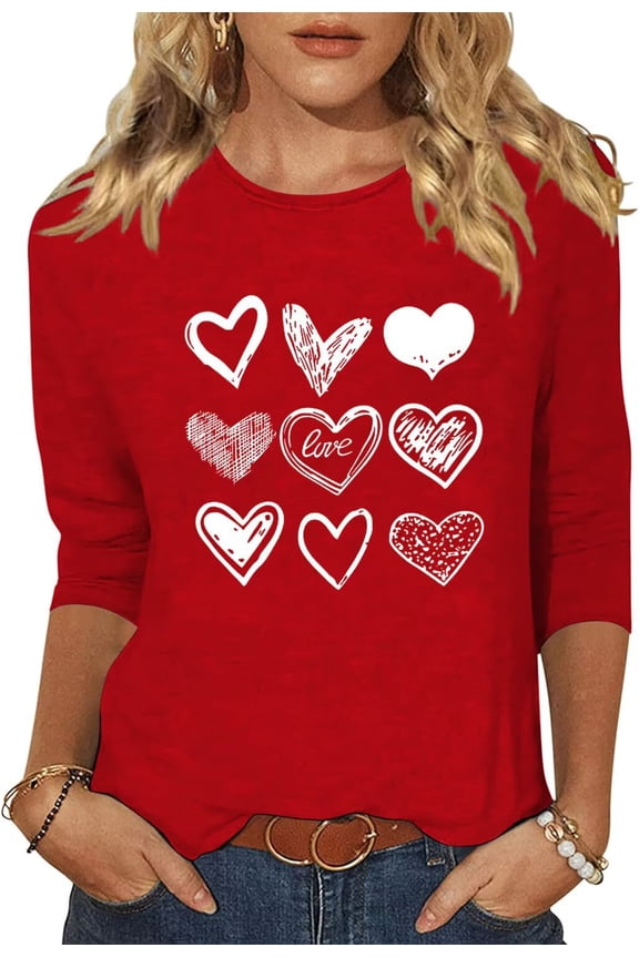 Womens Love Heart Shirts 3/4 Sleeve Valentine's Day St Patrick's Day Graphic Tees