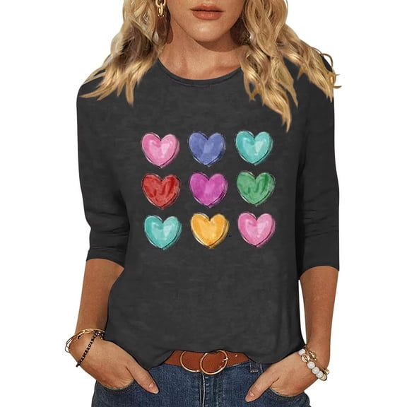 Beopjesk Womens Love Heart Shirts 3/4 Sleeve Valentine's Day St Patrick's Day Graphic Tees