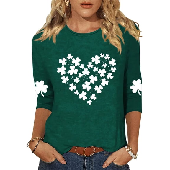 Beopjesk Womens Love Heart Shirts 3/4 Sleeve Valentine's Day St Patrick's Day Graphic Tees