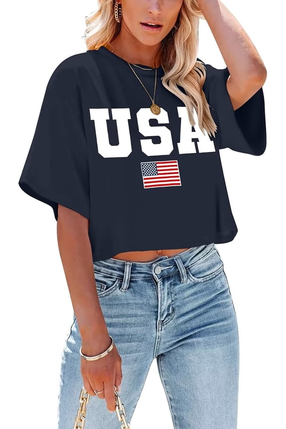 Womens Short Sleeve Crew Neck T Shirts American Flag Shirts Summer Graphic Tee Tops