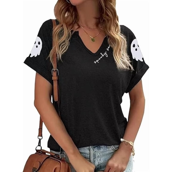 Beopjesk Womens Short Sleeve V Neck Halloween Shirts Thanksgiving Fall Graphic Tees