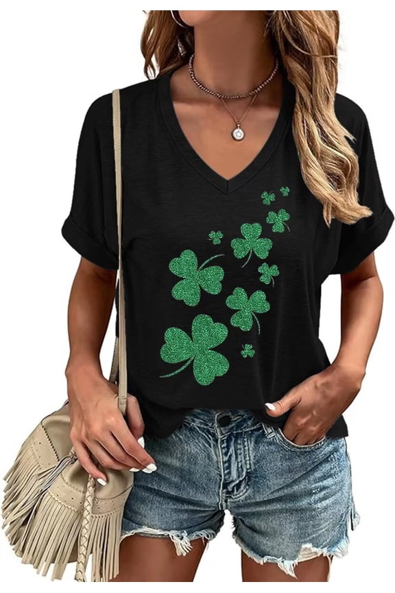 Womens Short Sleeve V Neck St Patrick's Day Shirts Heart Graphic Tees Lucky Shamrock Shirts