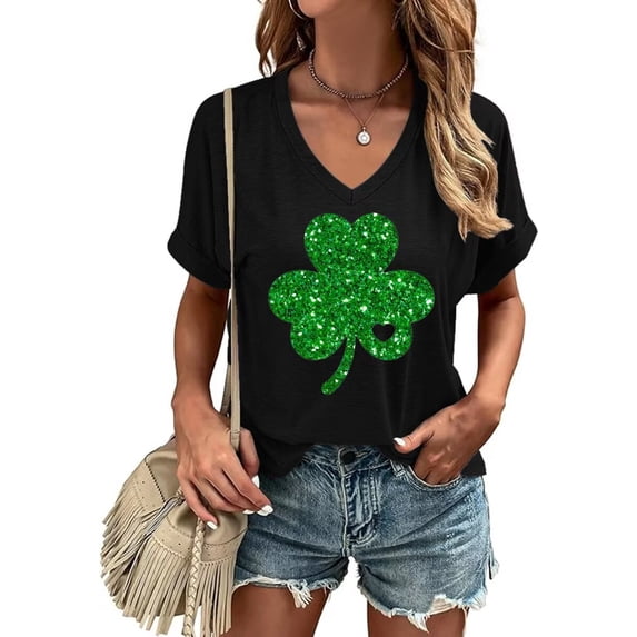 Beopjesk Womens Short Sleeve V Neck St Patrick's Day Shirts Heart Graphic Tees Lucky Shamrock Shirts