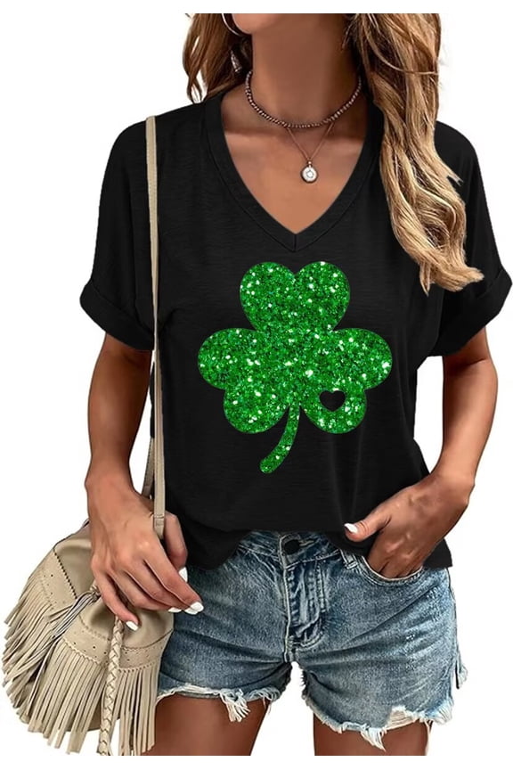 Womens Short Sleeve V Neck St Patrick's Day Shirts Heart Graphic Tees Lucky Shamrock Shirts