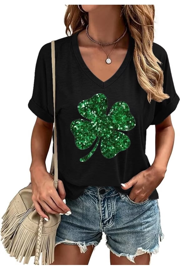 Womens Short Sleeve V Neck St Patrick's Day Shirts Heart Graphic Tees Lucky Shamrock Shirts