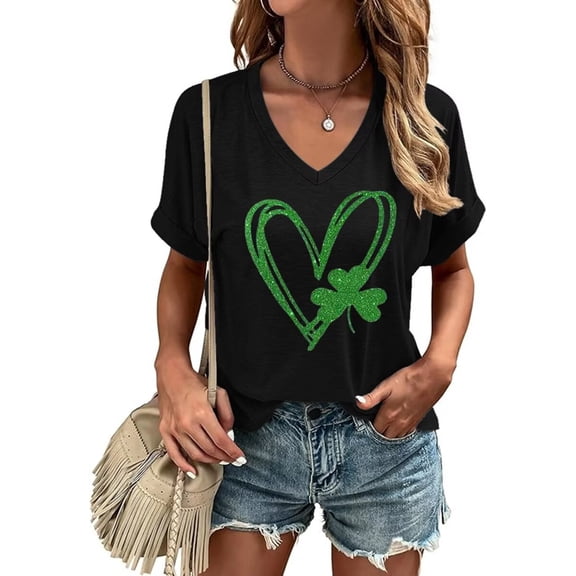 Beopjesk Womens Short Sleeve V Neck St Patrick's Day Shirts Heart Graphic Tees Lucky Shamrock Shirts