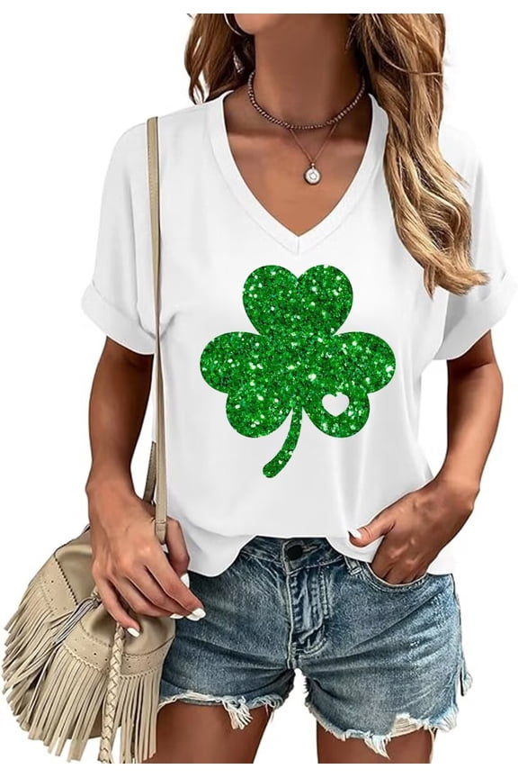 Womens Short Sleeve V Neck St Patrick's Day Shirts Heart Graphic Tees Lucky Shamrock Shirts