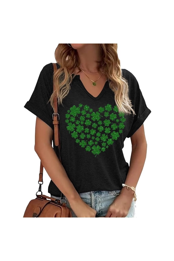 Womens Short Sleeve V Neck St Patrick's Day T Shirts Heart Lucky Shamrock Graphic Tees