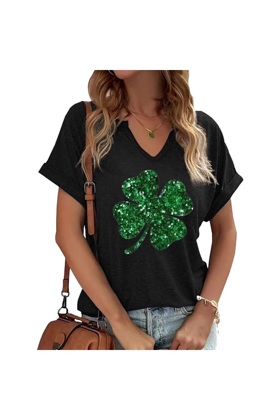 Womens Short Sleeve V Neck St Patrick's Day T Shirts Heart Lucky Shamrock Graphic Tees