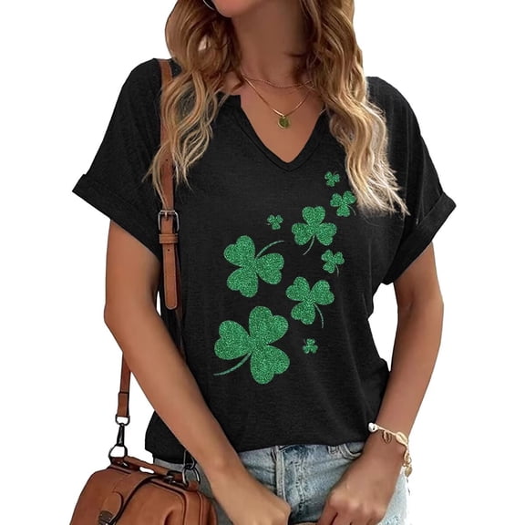 Beopjesk Womens Short Sleeve V Neck St Patrick's Day T Shirts Heart Lucky Shamrock Graphic Tees