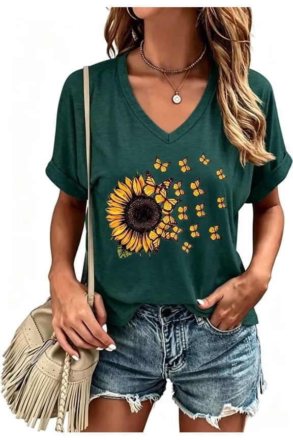 Womens Short Sleeve V Neck T Shirts American Flag Shirts Summer Graphic Tee Tops