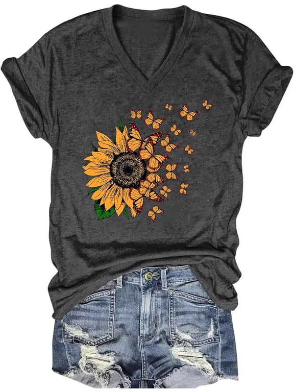 Womens Short Sleeve V Neck T Shirts Wildflower Shirts Summer Graphic Tee Tops