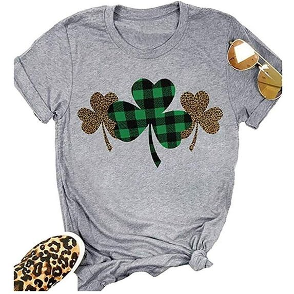 Beopjesk Womens St Patrick's Day Leopard Plaid Clover T-Shirt Graphic Tees Tops