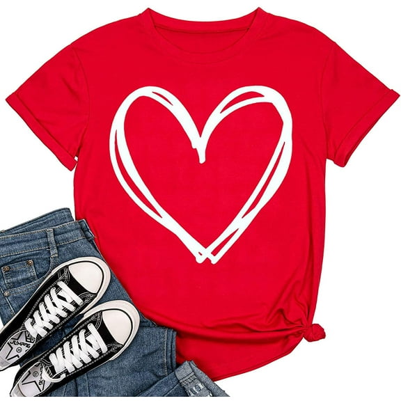 Beopjesk Womens Valentine's Day Graphic Tees Short Sleeve Heart Printed Shirts Blouse Tops