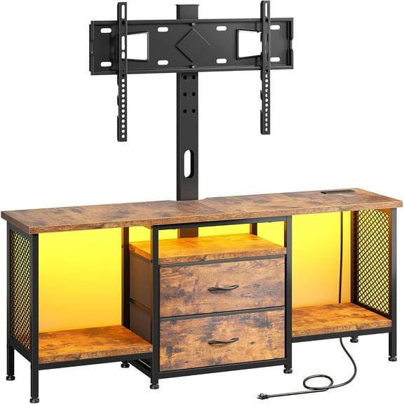 Bepatio TV Stand with Mount and Power Outlet and LED for 32-65 Inch TVs, Swivel and Adjustable TV Stand for Bedroom with 2 Fabric Drawers, Modern Entertainment Center, Rustic Brown