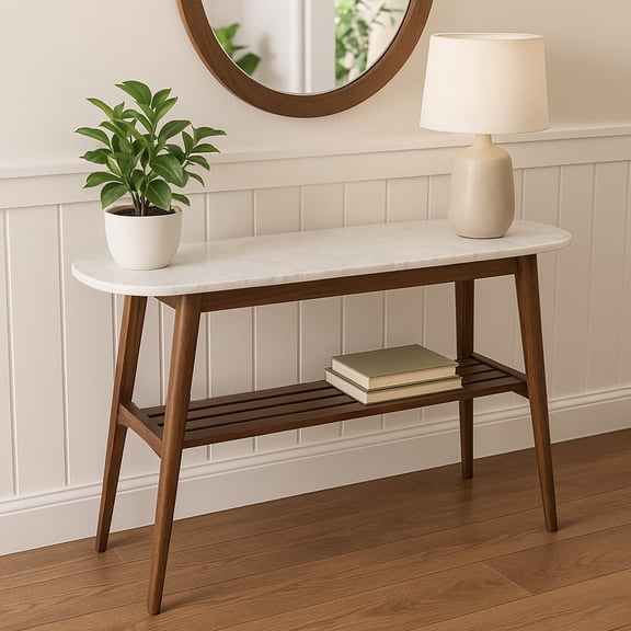 Beppe 43" Rectangular Italian Carrara White Marble Console Table with Walnut Shelf