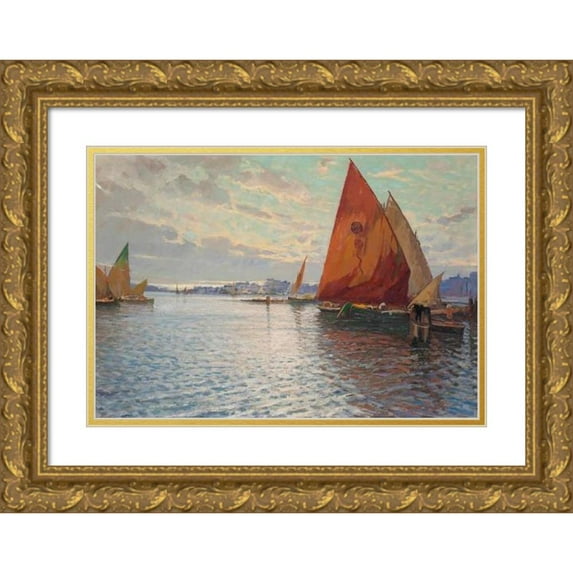 Beppe Ciardi 14x11 Gold Ornate Wood Frame and Double Matted Museum Art Print Titled - Fishing Vessels Moored off an Italian Town at Dusk