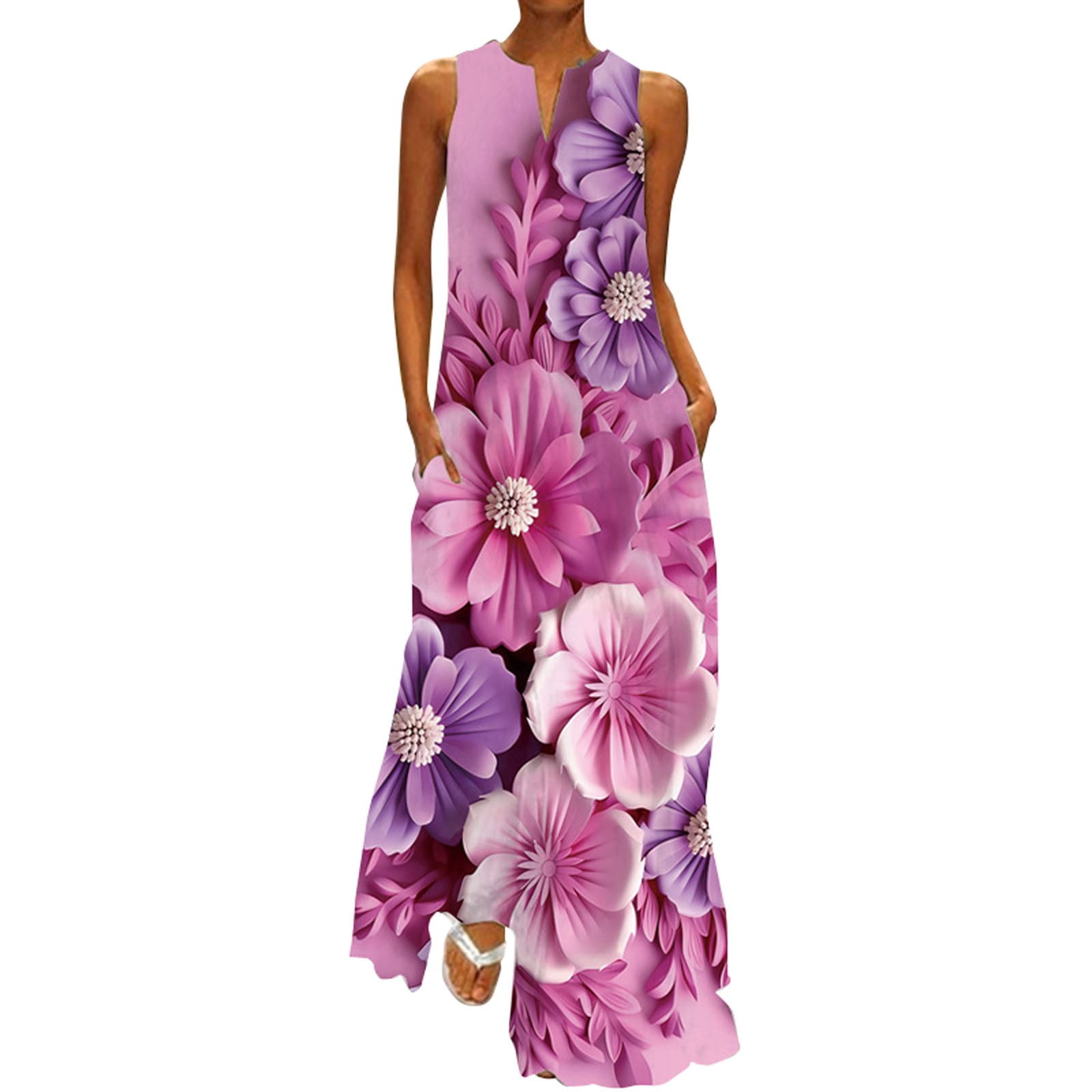 V-neck long skirt waist floral print large swing dress