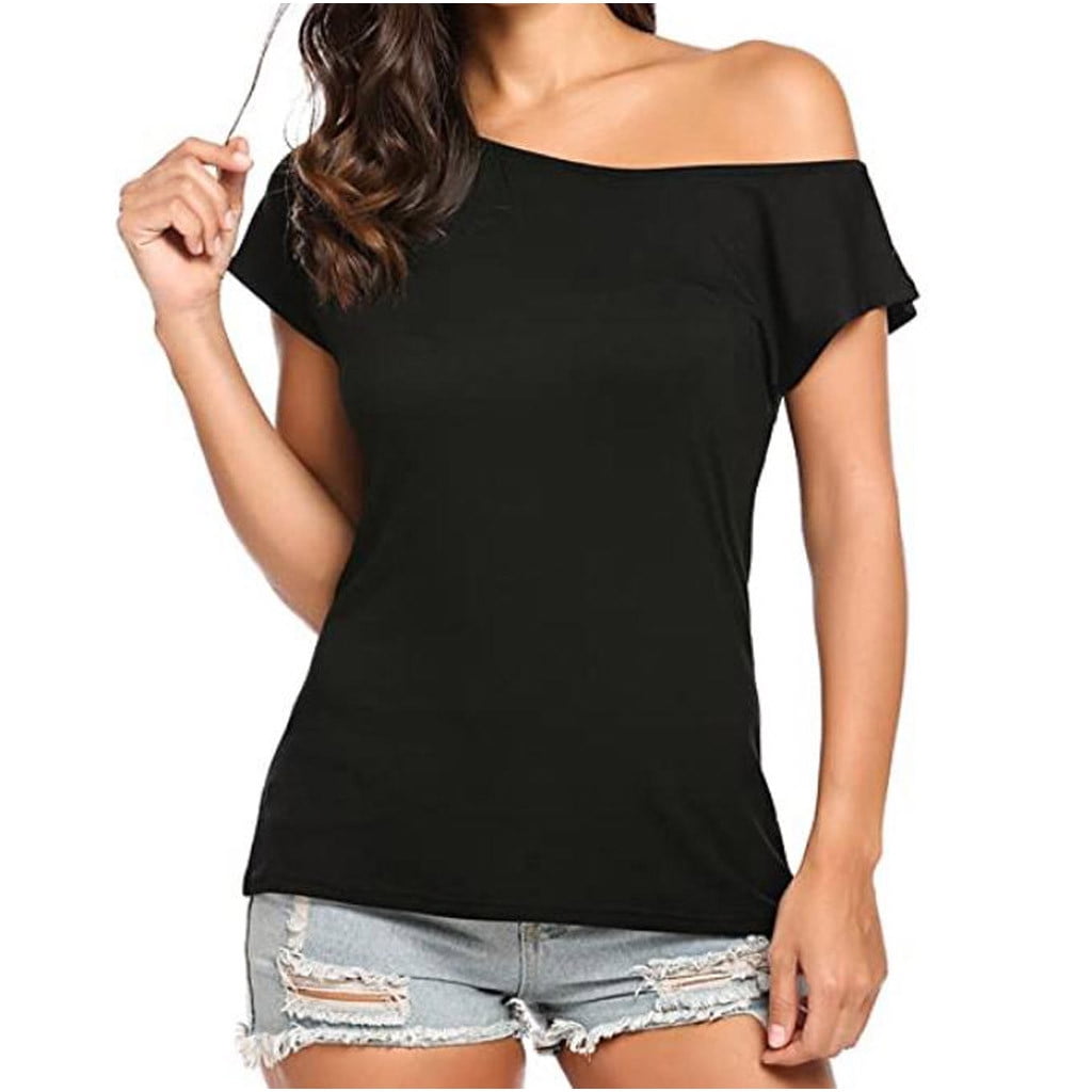 RQYYD Reduced Women Off Shoulder Tops Mesh Short Sleeve Shirt Glitter  Shoulder Straps Elegant Blouse Tops(Black,L) 