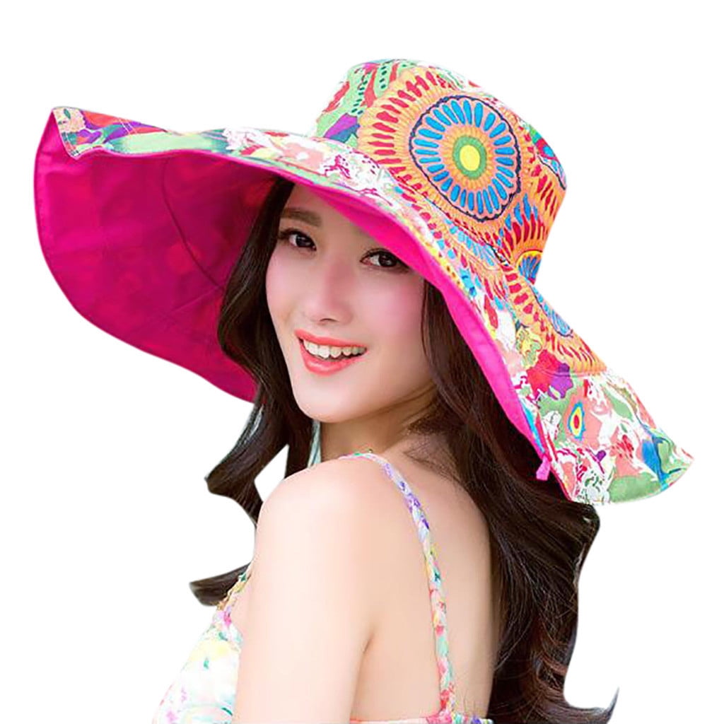Beppter Sun Hat Womens Hats Women Print TwoSide Big Brim Straw Hat Sun