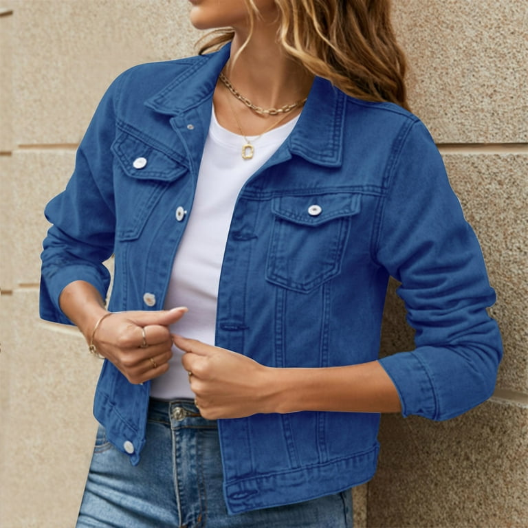 Beppter Women Denim Jackets Basic Solid Color Button Down Denim Cotton Jacket with Pockets Denim Jacket Coat Dark Blue XL