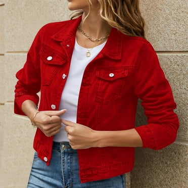 Beppter Women Denim Jackets Basic Solid Color Button Down Denim Cotton Jacket with Pockets Denim Jacket Coat Red,XXL