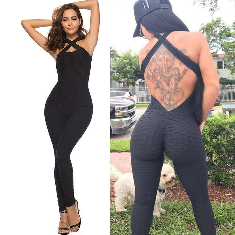 Beppter Women Jumpsuit One-Piece Sport Yoga Jumpsuit Running Fitness  Workout Gym Tight Pants Black,S 