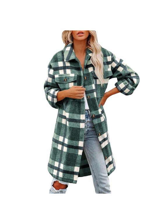 Women's Brushed Plaid Shirts Long Sleeve Flannel Lapel Button Down Pocketed Shacket Jacket Coats