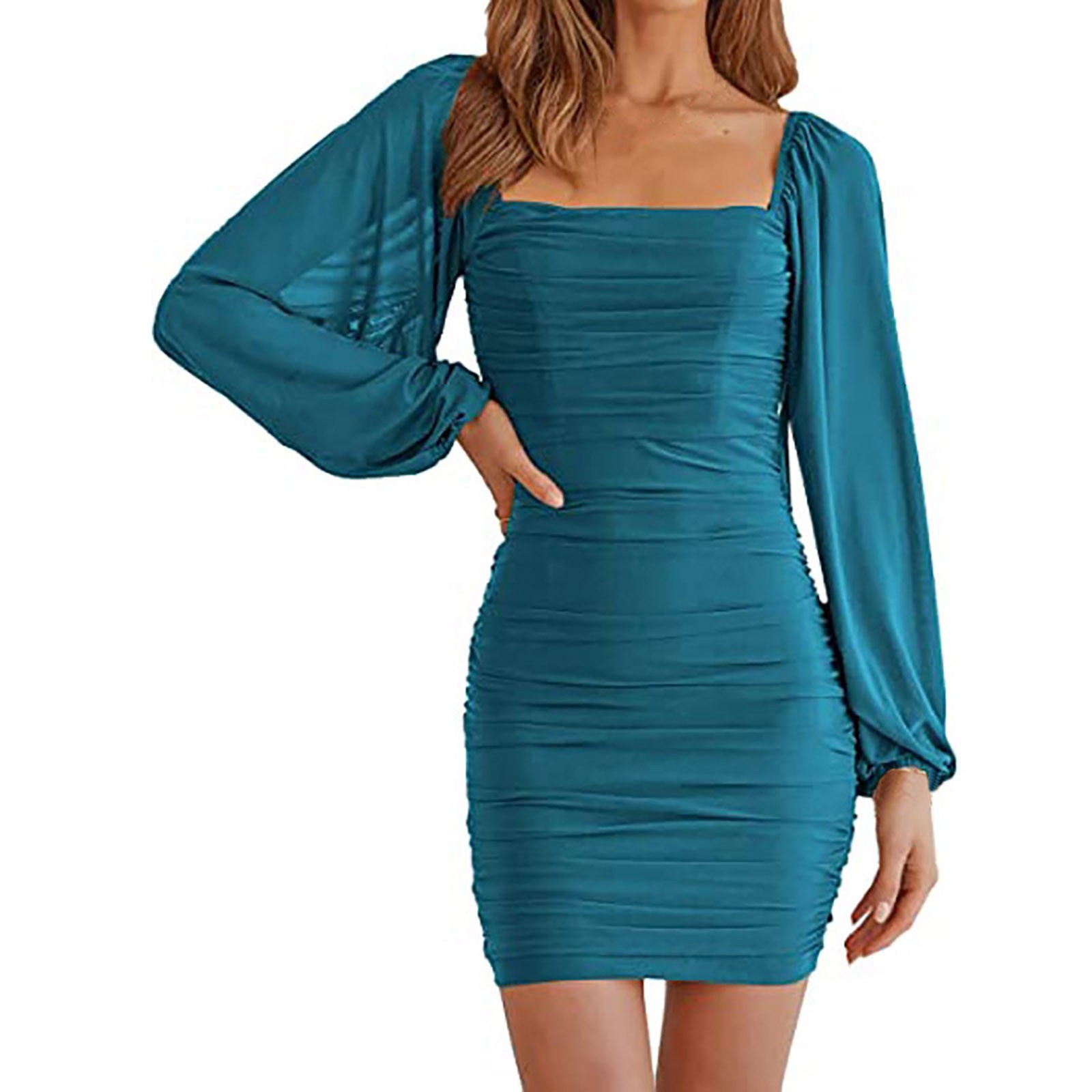 Beppter Womens Mesh Long Sleeve Square Neck Ruched Party Club Bodycon ...