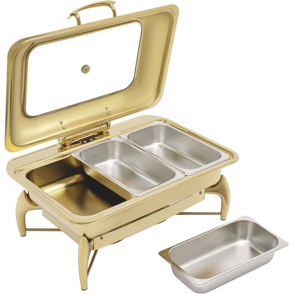 Bepritm Roll Top Chafing Dish Buffet Set, 9QT Stainless Steel Food Warmer with Lid & Pan, Rectangular Buffet Warmer Chafer for Wedding,Parties,Banquet, Catering Events (Triple Compartment,Gold)
