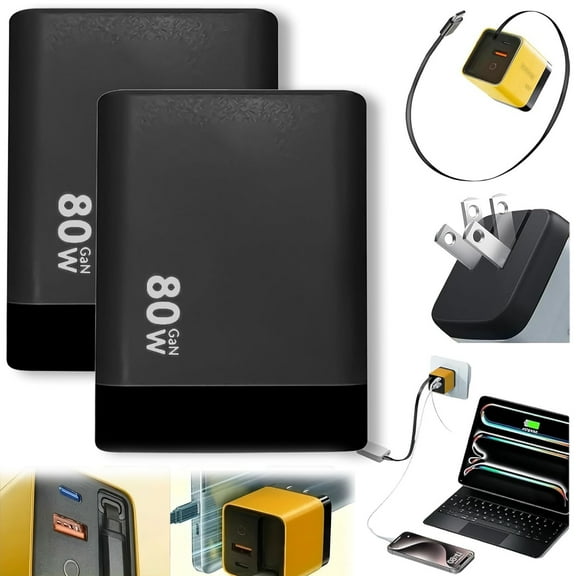 Beproudlevel 3 in 1 Charger Retractable 80w Max Fast, Scalable Charging Module with Type-C Cable & USB Port, Universal All in One Multi Phone Charger with Wall Plug, for Phones, Tablets (2PCS)