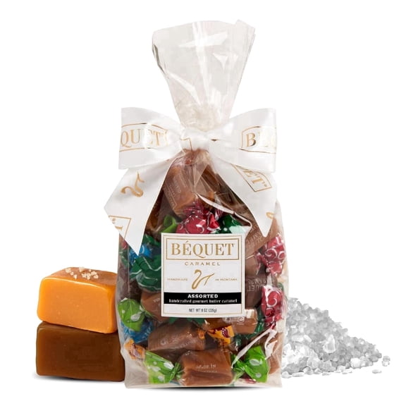 Bquet Assorted Caramels - Gourmet Individually Wrapped Candy Variety Pack - Celtic Sea Salt, Salt Chocolate, Vanilla, Butterscotch, Green Apple, Salted Mocha & Butterscotch - 8 oz Gif