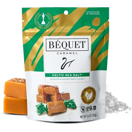 Béquet Caramel - Celtic Sea Salt Caramel - Gourmet Caramel Candy - Salted Caramel Candy Individually Wrapped - Made in Montana - Kosher (Star D) and Gluten Free - 3.6 oz Single Pouch