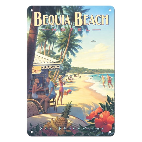 Bequia Beach Hotel - Saint Vincent and the Grenadines - Friendship Beach - Vintage Travel Poster by Kerne Erickson - 8 x 12 inch Vintage Metal Tin Sign