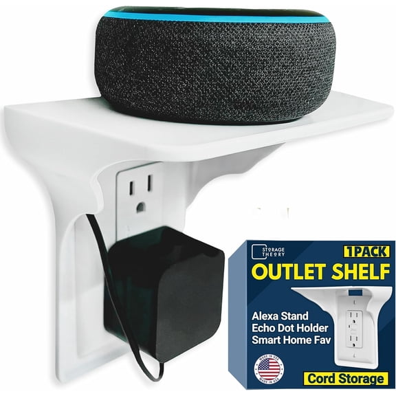 BeraTek Power Perch Wall Outlet Shelf with Cord Storage Strap - Declutter & Reclaim Counter Space - Phone Charging Shelf Echo Alexa Stand Apple HomePod Mini Wall Mount - White 1-Pack