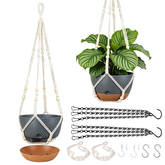 Berallo 2-Pack 9.6-Inch Self-Watering Hanging Planters, 3-Way Plant Pots for Indoor & Outdoor Use, Drainage, Macrame & Chain Hangers, Dark Gray