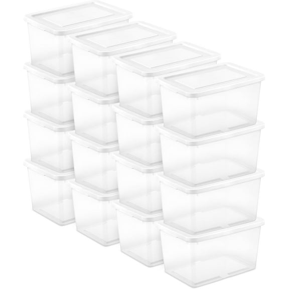 Beran7 16 Pack Storage Box, 20 Quart Stackable Tote, Clear Plastic Container with Secure Snapping Lids for Home and Office Organization, White