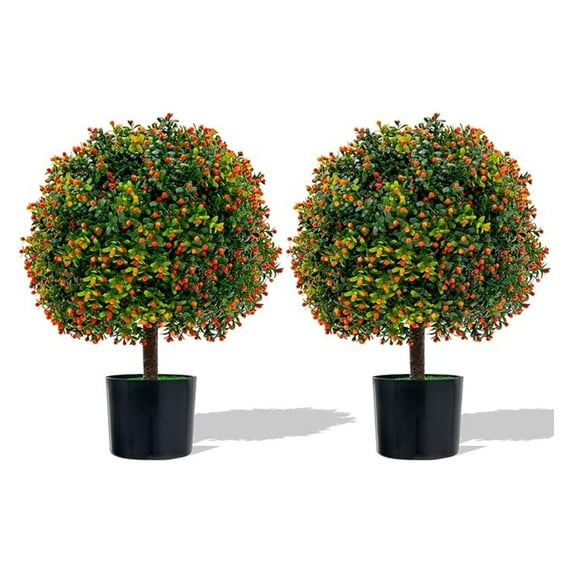 Beran7 22'' Artificial Boxwood Topiary Ball Tree, Set of 2 UV Resistant Faux Potted Plants Artificial Shrubs Bushes with Orange Fruits, Fake Evergreen Artificial Topiary for Home Front Porch Decor