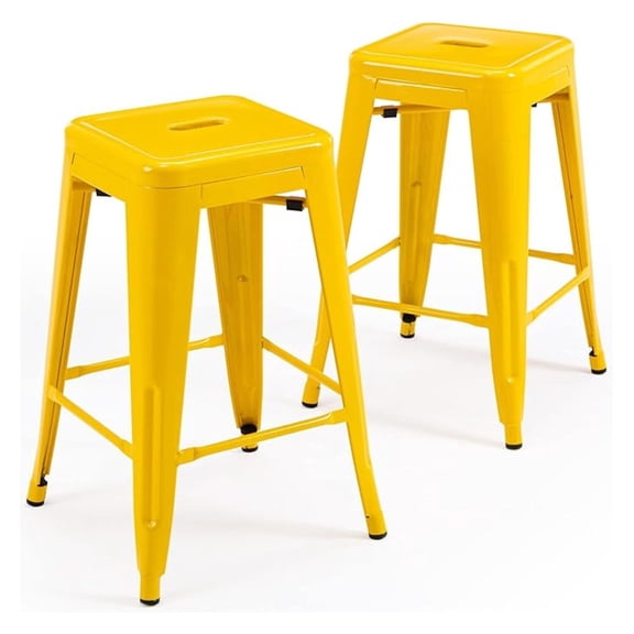 Beran7 24" High Bar Stools Backless Yellow Metal Barstools Indoor-Outdoor Counter Height Stools with Square Seat, Set of 2